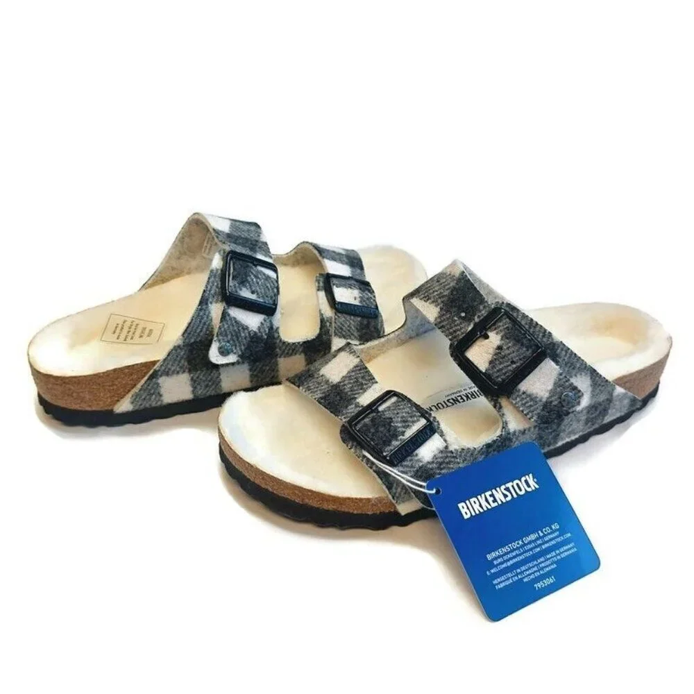 Birkenstock Arizona Rivet Fur Lined Wool Sandals Womens Size 5 Plaid White EU 36 - Picture 10 of 10